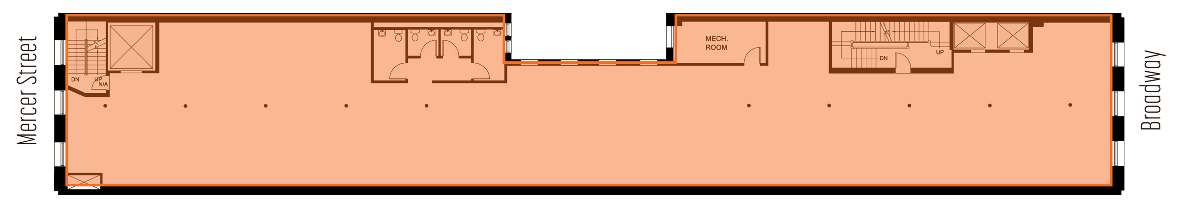 Floor plan of the 3rd floor: a long rectangle from Mercer Street on the left to Broadway on the right, with stairs and elevators at both ends and restrooms along one side