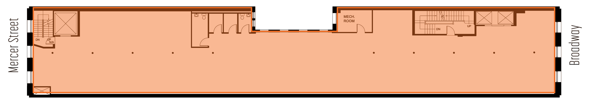 Floor plan of the 5th floor: a long rectangle from Mercer Street on the left to Broadway on the right, with stairs and elevators at both ends and restrooms along one side