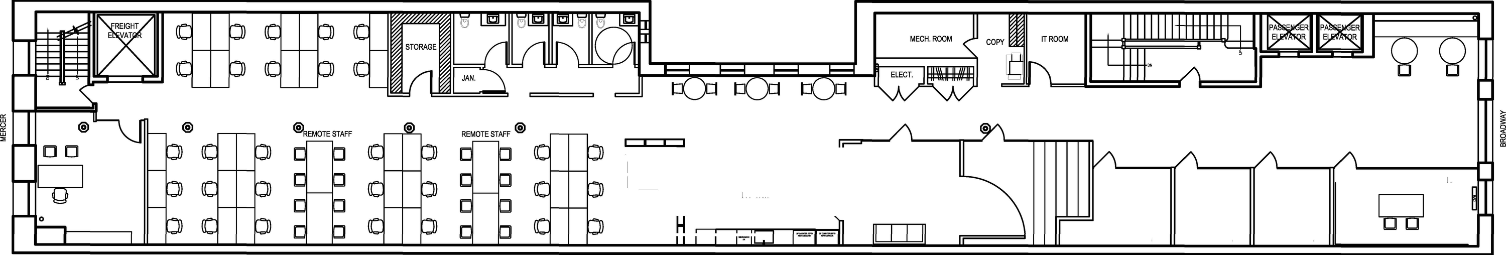 Test fit floor plan showing desks, open seating, three conference rooms, executive offices, a pantry lounge, an employee lounge, a showroom and a lounge area